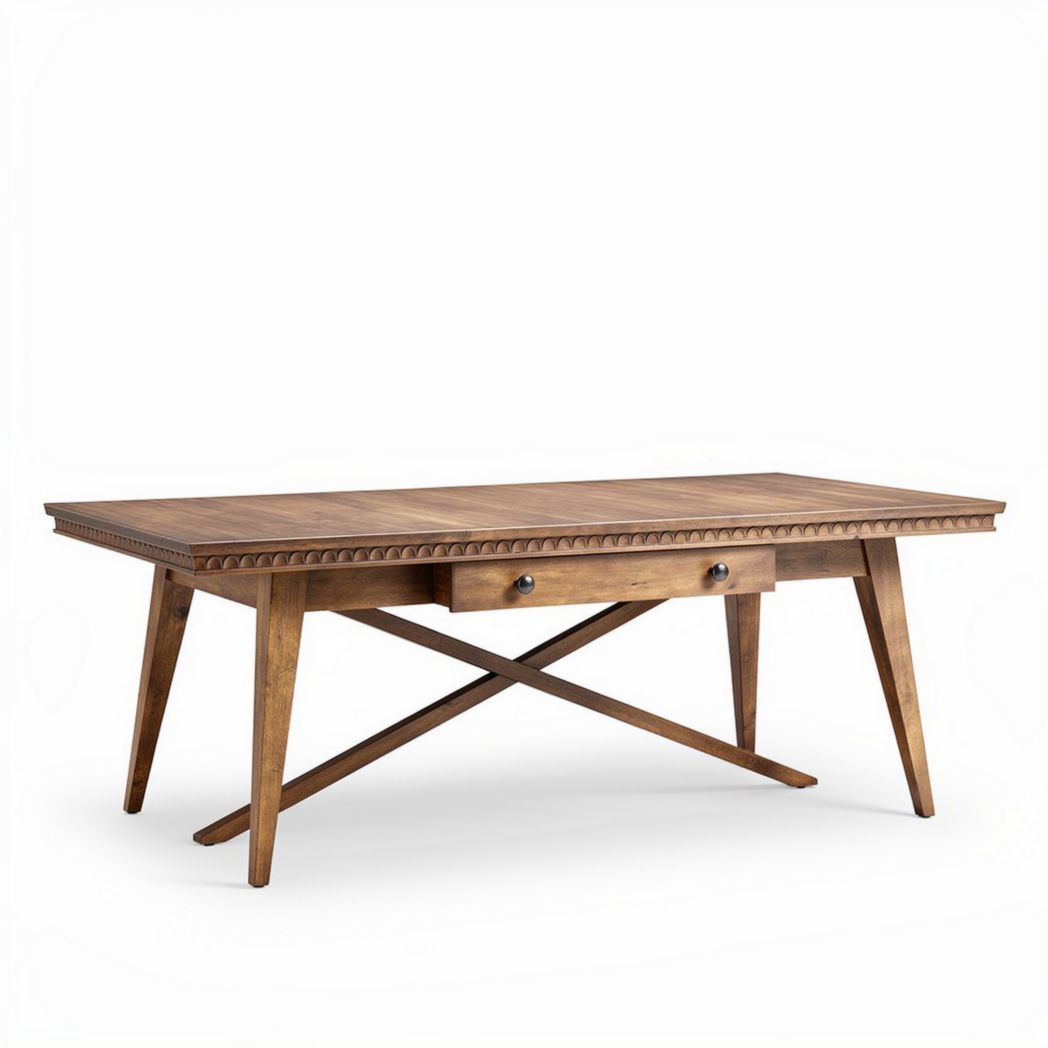Wooden dining table with two drawers natural finish 200 x 100 x 75cm