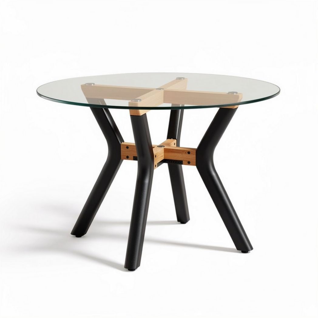 Glass top dining table with oak base and modern design 100 x 100 x 75cm