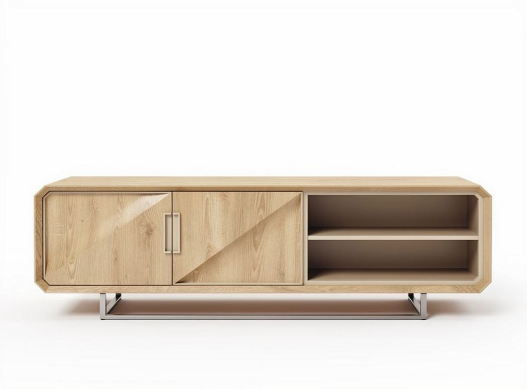Wooden storage console with metal legs and three compartments 200 x 50 x 40cm