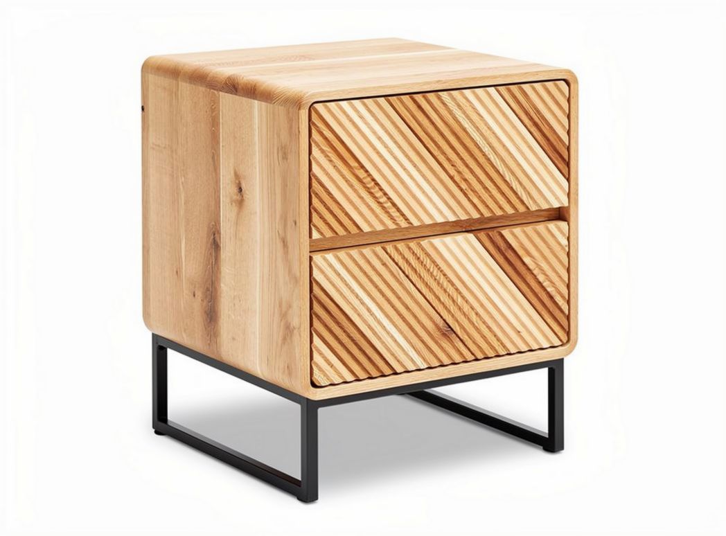 Wooden nightstand with geometric pattern two storage drawers and metal legs 45 x 40 x 50cm