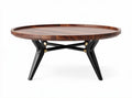 Round wooden coffee table with black metal legs and 100 x 100 x 40cm dimensions