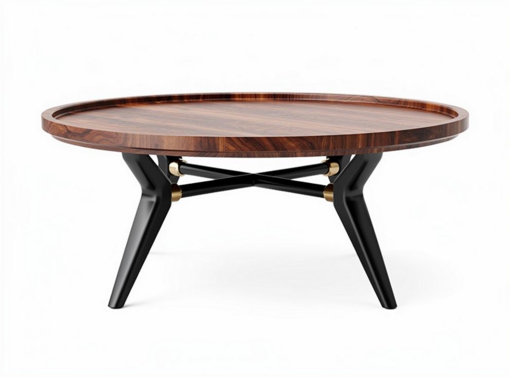 Round wooden coffee table with black metal legs and 100 x 100 x 40cm dimensions