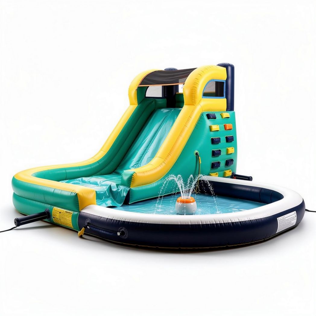 Inflatable water slide with splash pool and climbing wall for outdoor fun