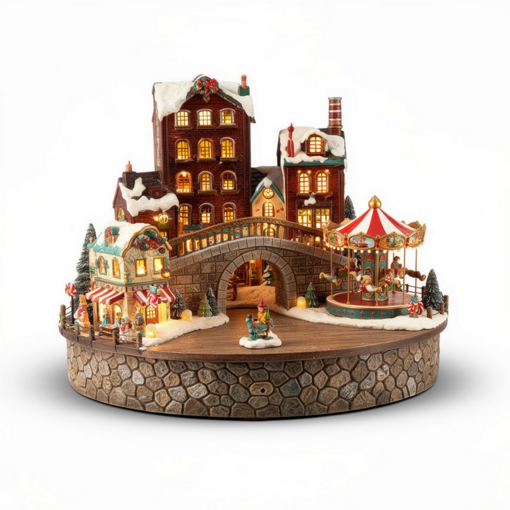Christmas village decoration with illuminated houses and carousel 20 x 20 x 15cm