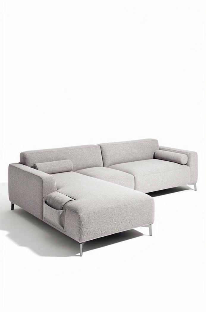 Sectional sofa in light gray fabric with storage pockets and metal legs 220 x 100 x 85cm