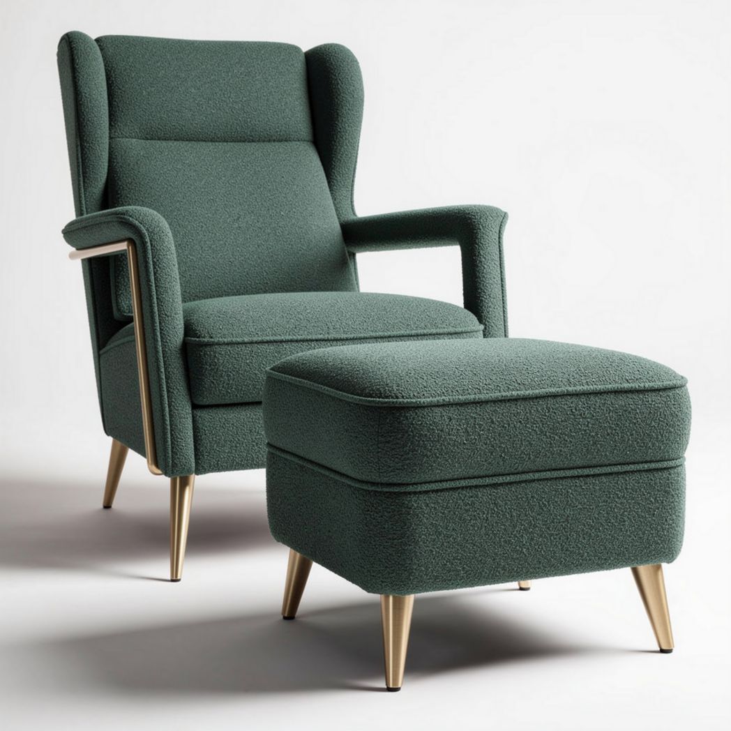 Green upholstered accent chair with ottoman and metal legs 85 x 80 x 100cm