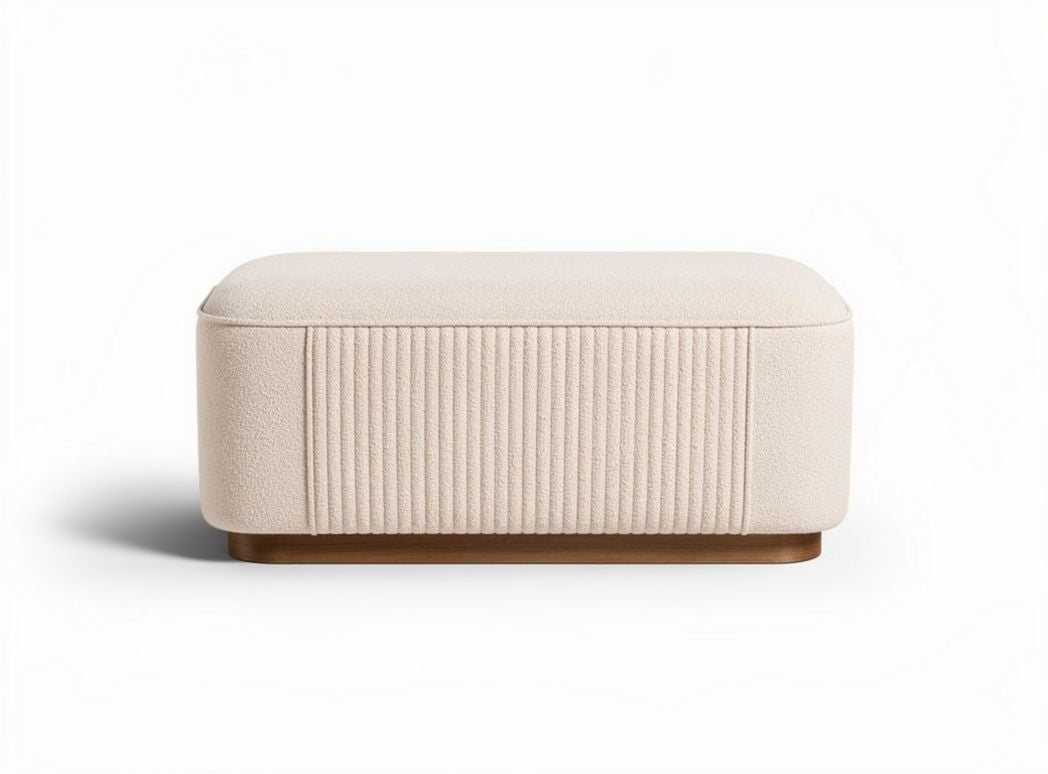 Fabric upholstered ottoman with ribbed design and wooden base 80 x 50 x 30cm