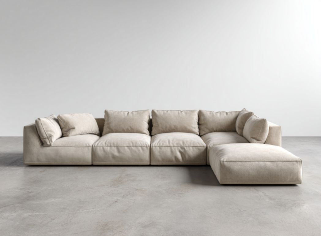 Light gray fabric sectional sofa with detachable cushions approximately 240 x 90 x 85cm
