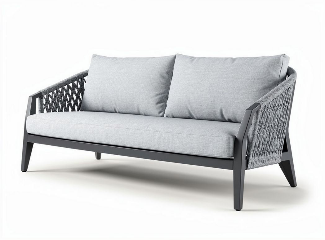 Outdoor patio sofa with gray fabric cushions and aluminum frame 200 x 80 x 85cm